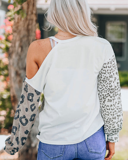 Leopard Color Block Round Neck Cold-Shoulder Top