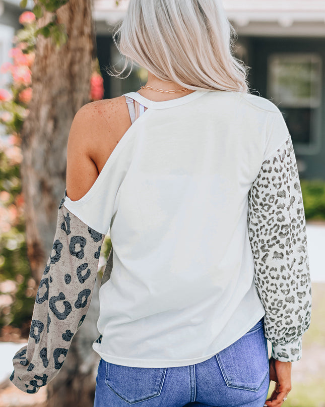 Leopard Color Block Round Neck Cold-Shoulder Top
