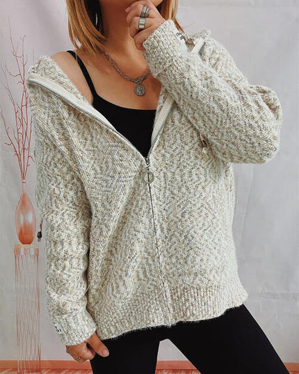 Zip Up Drawstring Long Sleeve Hooded Sweater