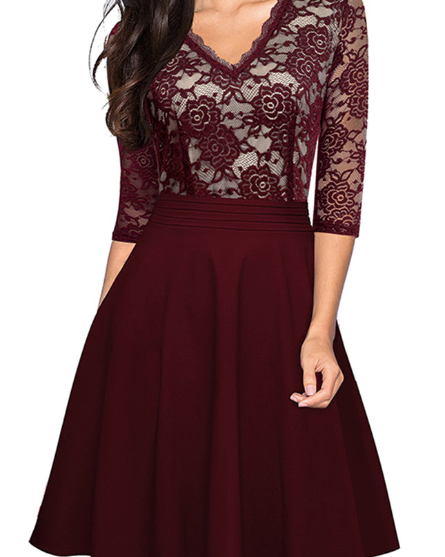 V-Neck Lace Detail Knee-Length Dress