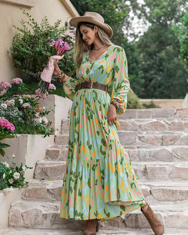 Printed Tie Neck Long Sleeve Maxi Dress