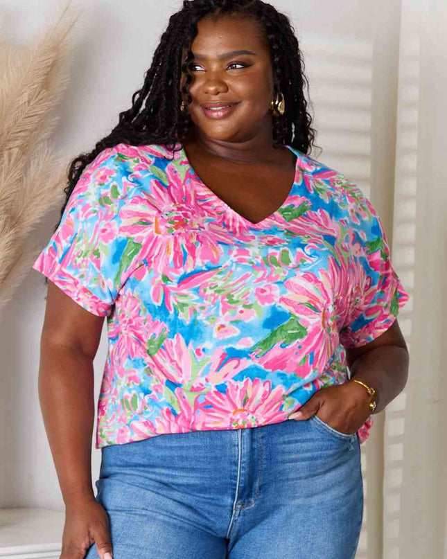 Double Take Floral V-Neck Short Sleeve Blouse