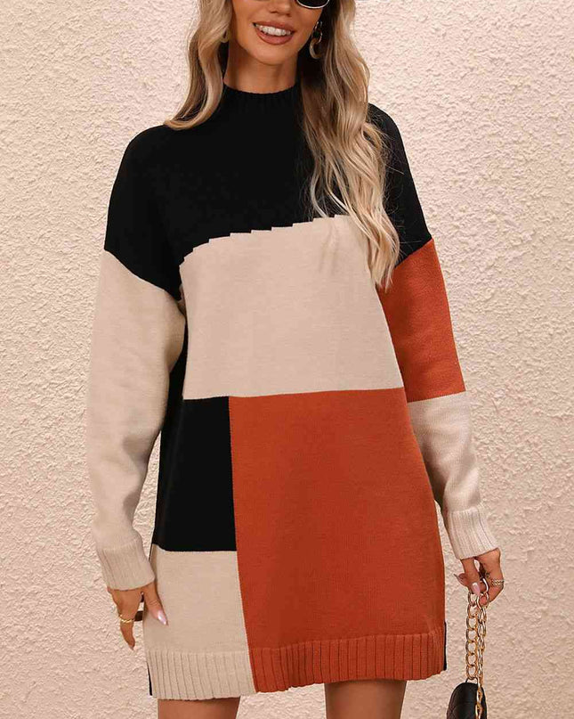 Color Block Mock Neck Dropped Shoulder Sweater Dress