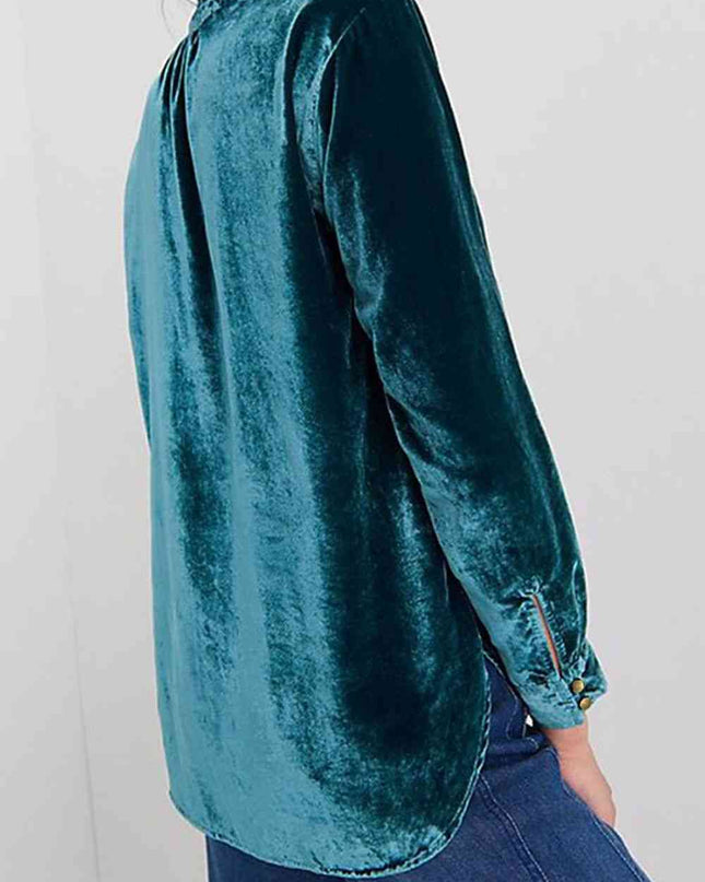 Notched Neck Buttoned Long Sleeve Velvet Blouse