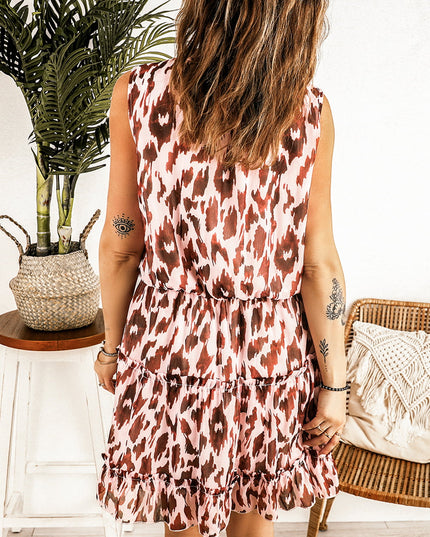 Leopard Print Tie Neck Frill Trim Dress