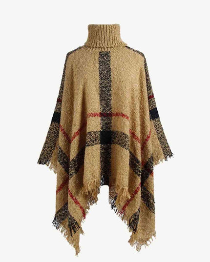 Plaid Turtleneck Raw Hem Poncho