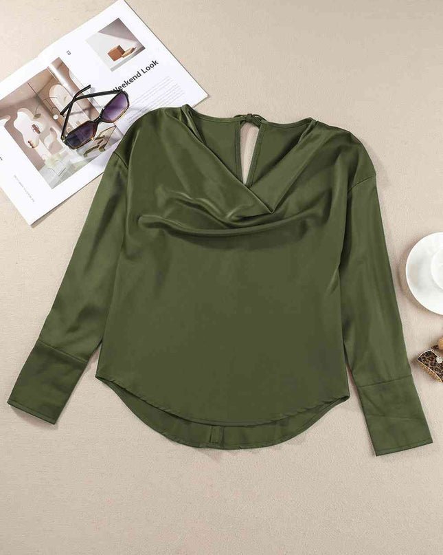 Cowl Neck Dropped Shoulder Long Sleeve Back Tie Blouse