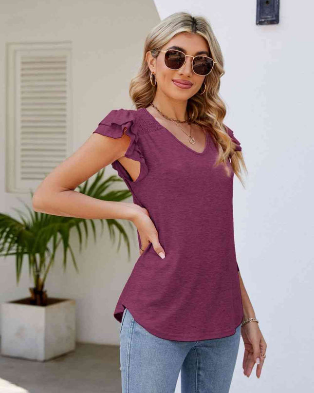 Smocked Flutter Sleeve V-Neck Top