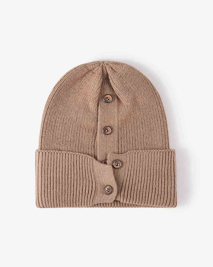 Button Detail Rib-Knit Cuff Beanie