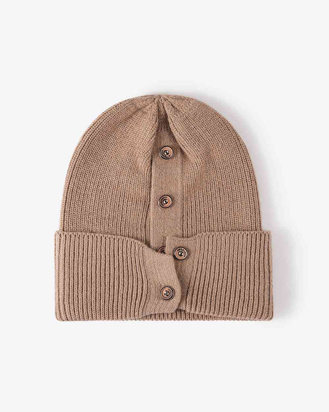 Button Detail Rib-Knit Cuff Beanie