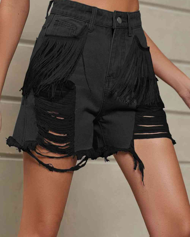 Fringe Trim Distressed Denim Shorts with Pockets