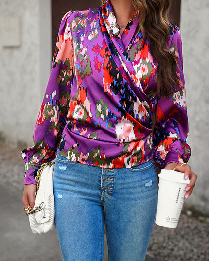Printed Surplice Neck Long Sleeve Blouse
