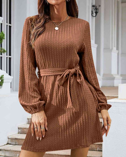 Round Neck Tie Front Long Sleeve Dress