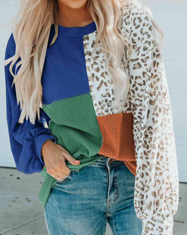 Color Block Leopard Round Neck Sweatshirt