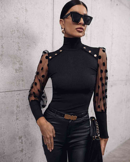 Buttoned Lantern Sleeve Turtle Neck Blouse