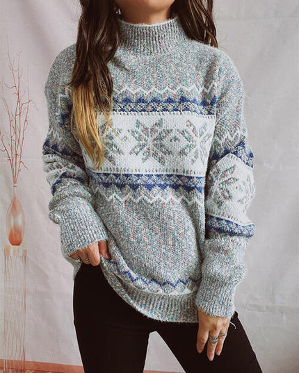 Geometric Mock Neck Dropped Shoulder Sweater