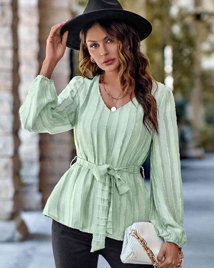 V-Neck Tie Waist Long Sleeve Blouse