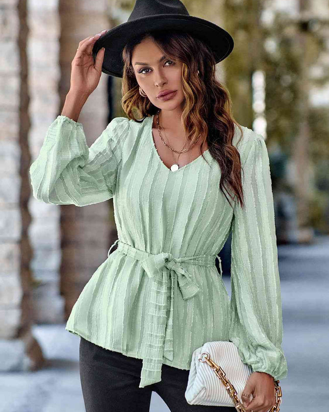 V-Neck Tie Waist Long Sleeve Blouse