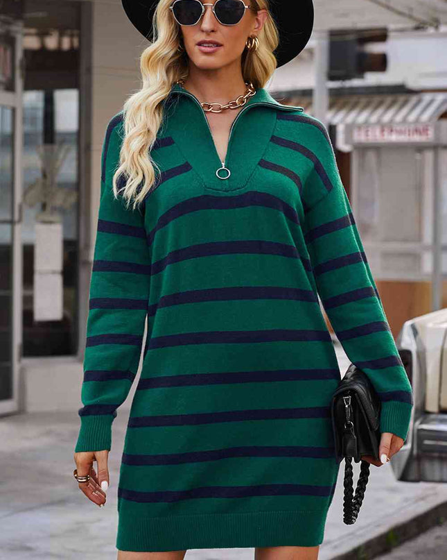 Striped Quarter-Zip Collared Sweater Dress