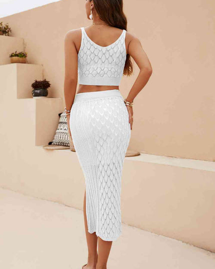Openwork Cropped Tank and Split Skirt Set