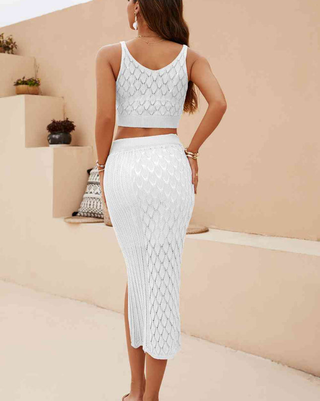 Openwork Cropped Tank and Split Skirt Set