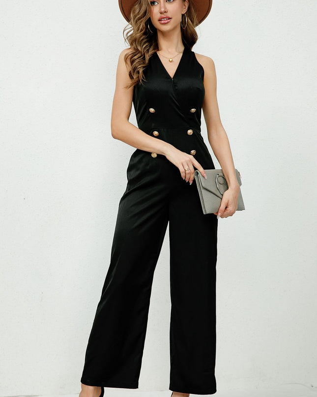 V-Neck Sleeveless Decorative Buttons Jumpsuit