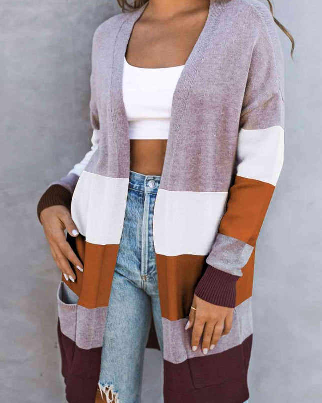Woven Right Color Block Open Front Ribbed Cuff Cardigan with Pockets