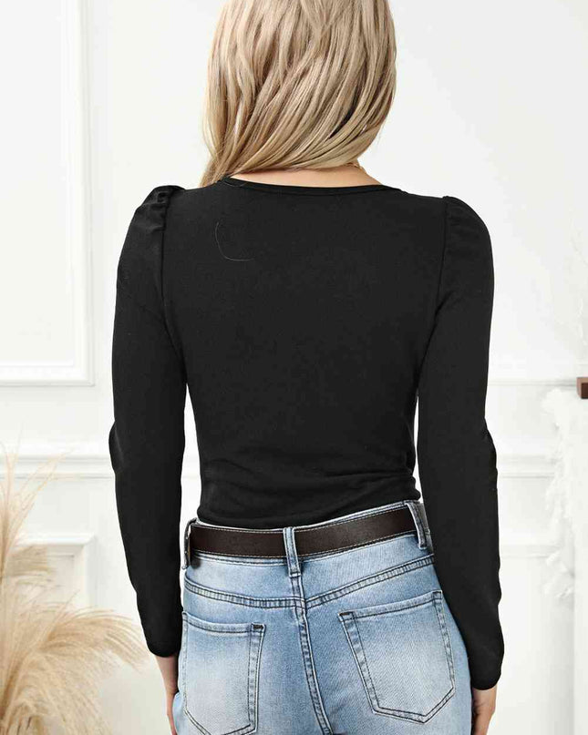 Notched Neck Puff Sleeve Bodysuit