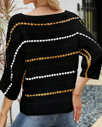 Eyelet Striped Round Neck Knit Top