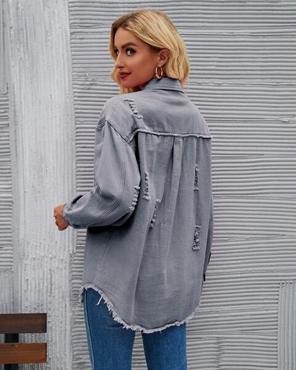 Distressed Raw Hem Denim Jacket