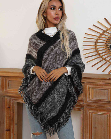 V-Neck Poncho with Fringes