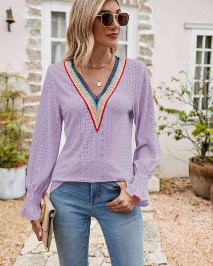 Eyelet Flounce Sleeve V-Neck Blouse