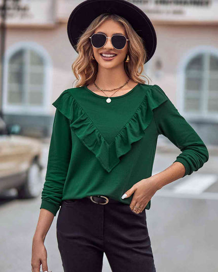 Ruffled Round Neck Long Sleeve Top
