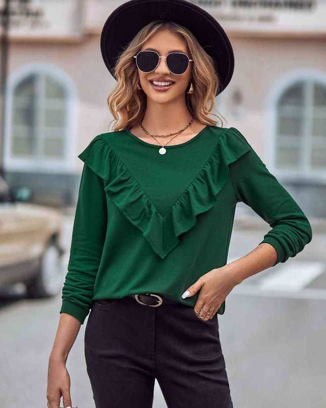 Ruffled Round Neck Long Sleeve Top