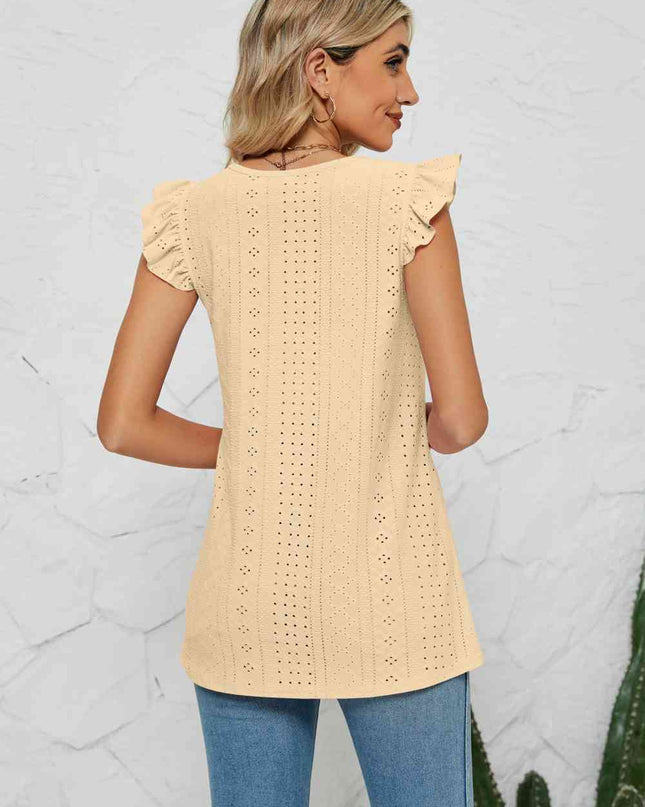 Smocked Round Neck Eyelet Top