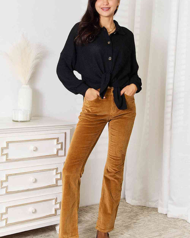 Double Take Waffle-Knit Collared Neck Dropped Shoulder Shirt