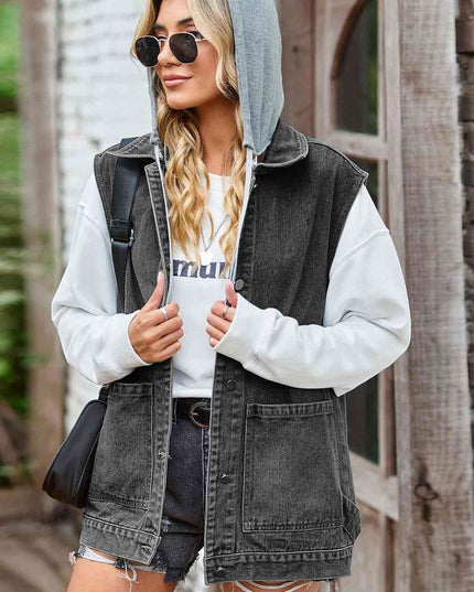 Button Up Sleeveless Denim Jacket with Pockets