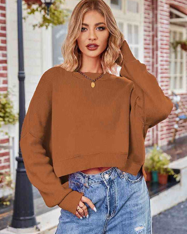 Dropped Shoulder Round Neck Long Sleeve Knit Top