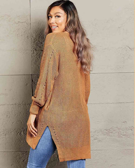 Woven Right Openwork Rib-Knit Slit Cardigan