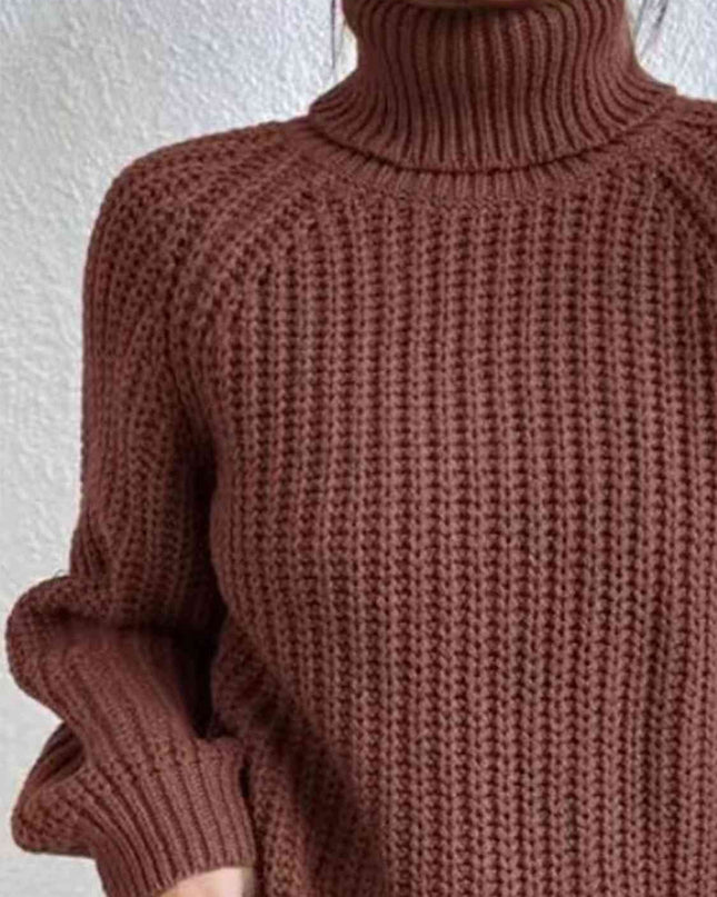 Full Size Turtleneck Rib-Knit Slit Sweater