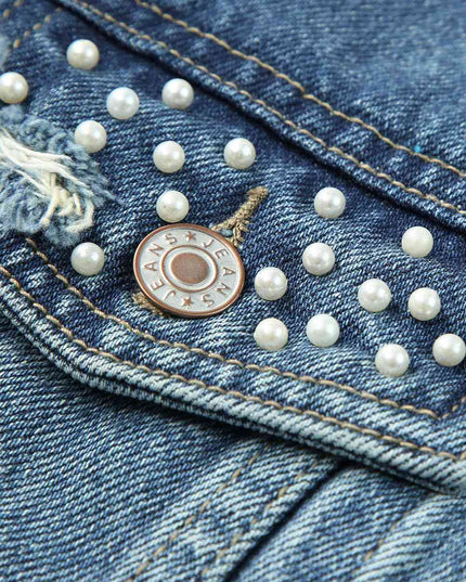 Pearl Detail Distressed Button Up Denim Jacket