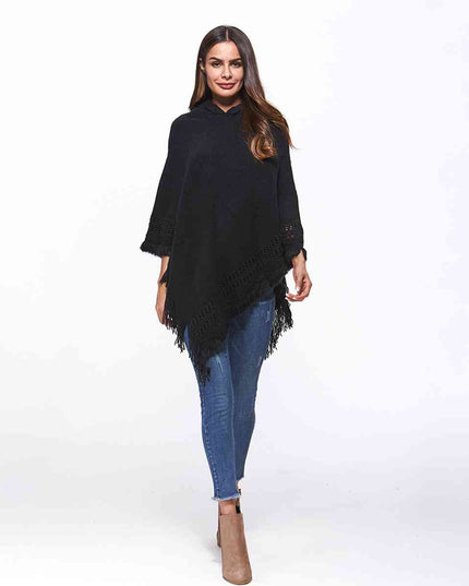 Openwork Fringe Hem Hooded Poncho