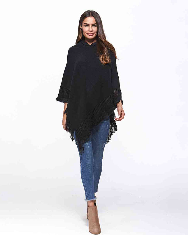 Openwork Fringe Hem Hooded Poncho