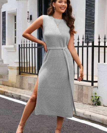 Round Neck Tie Belt Slit Sleeveless Sweater Dress