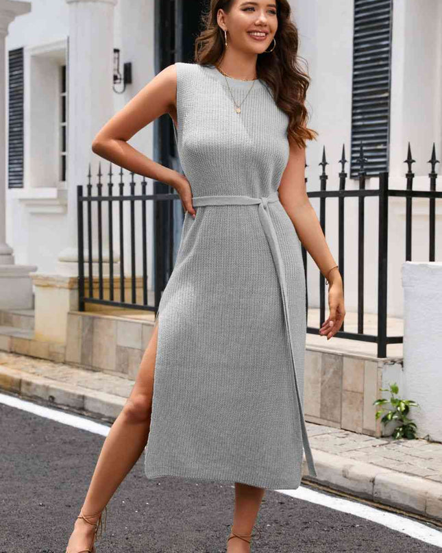 Round Neck Tie Belt Slit Sleeveless Sweater Dress