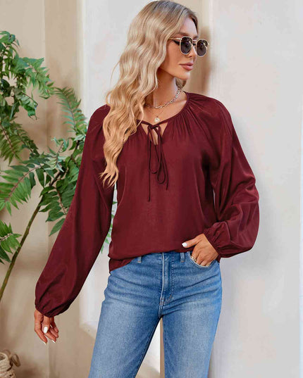 Tie Neck Balloon Sleeve Blouse