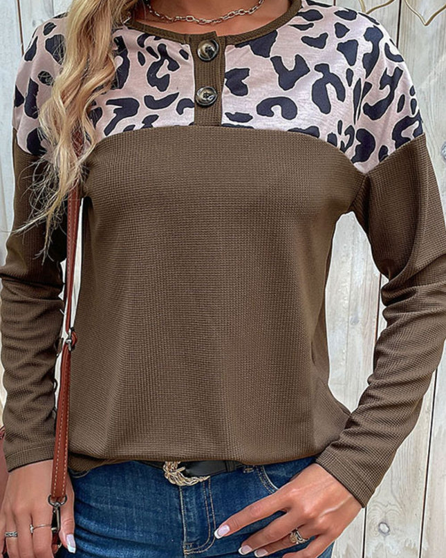 Leopard Buttoned Round Neck Drop Shoulder Top