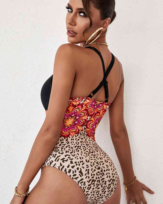 Printed Crisscross Deep V One-Piece Swimsuit