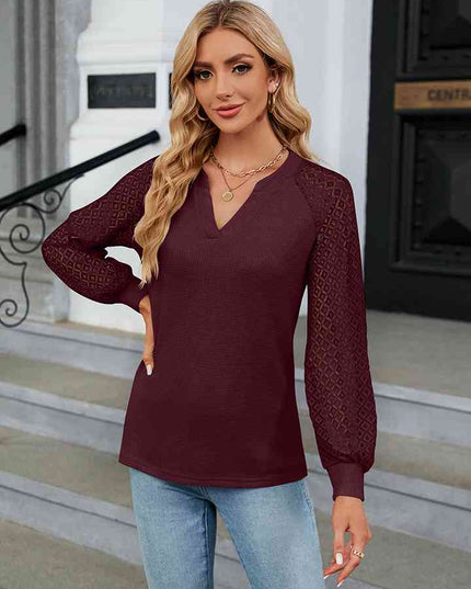 Notched Neck Raglan Sleeve Blouse
