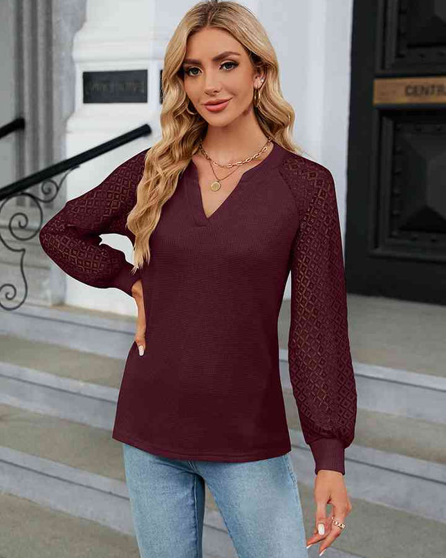 Notched Neck Raglan Sleeve Blouse